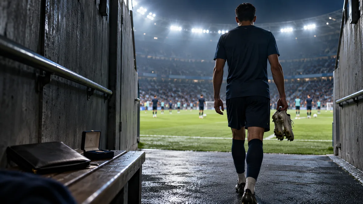 En fotbollsspelare sedd bakifrån går genom en mörk spelartunnel mot en upplyst plan med fotbollsskor i handen. På en bänk ligger en mörk portfölj och en öppen ask, medan andra spelare värmer upp i bakgrunden.